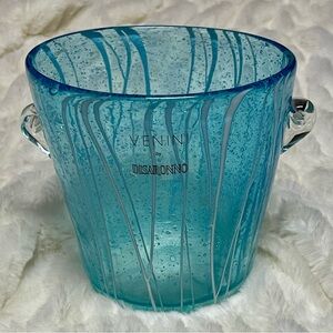 1970s Vintage Italian Murano Venini Venetian Art Glass Ice Bucket Blue and White